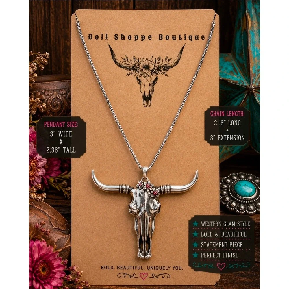 Western Glam Floral Longhorn Skull Statement Necklace